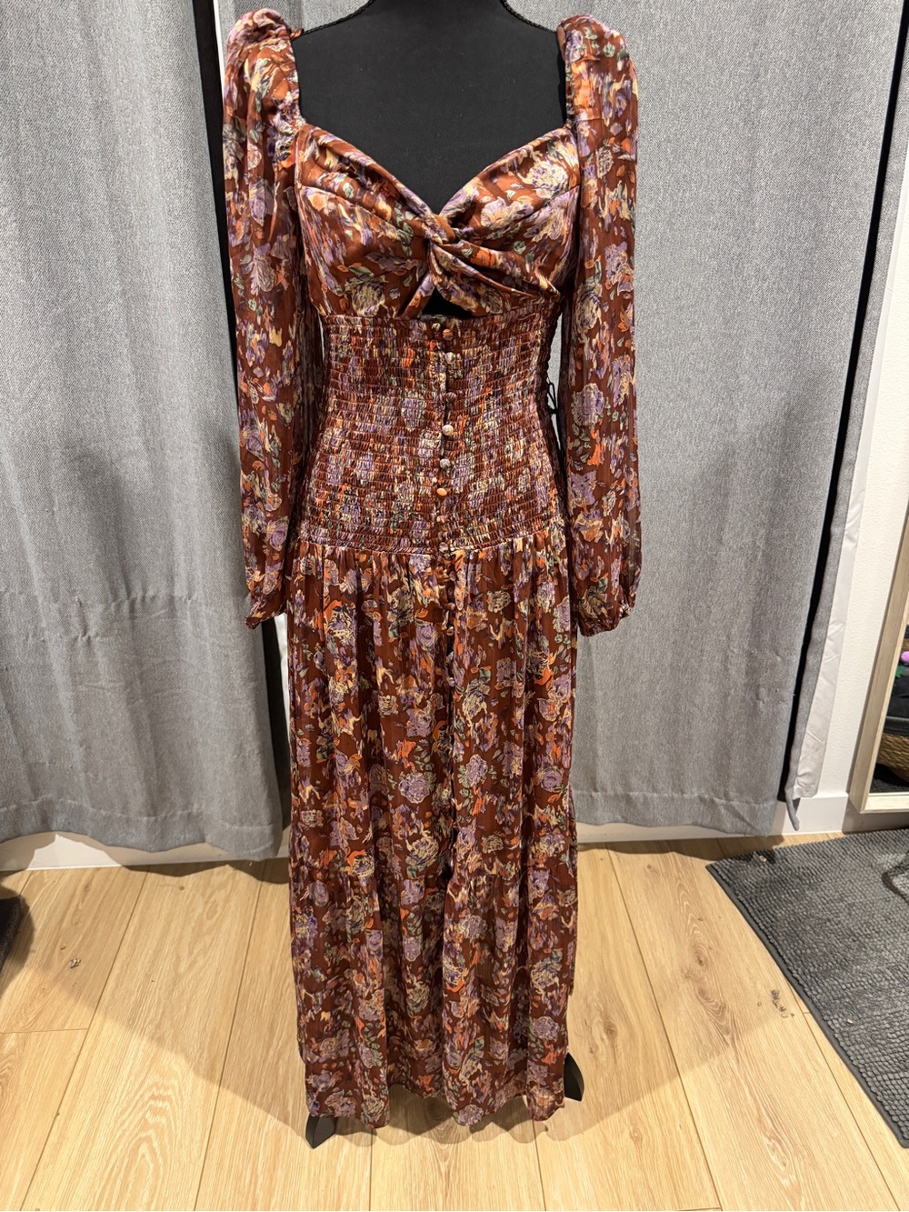 NWT-Astr Brown Floral Long-Sleeve Maxi Dress with Smocked Waist